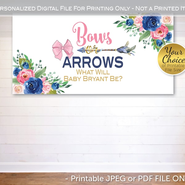 Bows or Arrows Gender Reveal Backdrop Files | Pink Navy Flowers with Gold | Feathered Arrow | Personalized DIGITAL Printable File