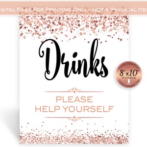 Drinks Table Sign | Woman&#39;s Birthday Printable 8x10 | Faux Rose Gold Glitter Confetti | Garland | 40th 50th 60th | Digital INSTANT DOWNLOAD
