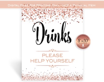 Drinks Table Sign | Printable 8x10 | Faux Rose Gold Glitter Confetti | Garland | 40th 50th 60th | Digital INSTANT DOWNLOAD