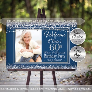 Denim and Diamonds Birthday Welcome Sign Landscape Printable with Photo | Any Age | Silver Confetti | Personalized | PRINTABLE DIGITAL File