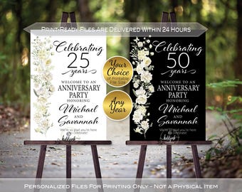 Anniversary Welcome Sign Printables with White Flowers on Black or White | Celebrating 10 25 50 or Any Year | Personalized | DIGITAL FILES