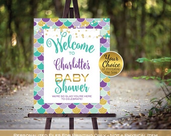 Mermaid Baby Shower Welcome Sign Printables | Mermaid Scales | Purple Lavender Mint Teal Gold | Personalized | PRINTABLE DIGITAL File