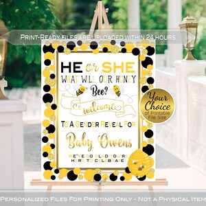 Bee Themed He or She Gender Reveal Welcome Sign Printable | Bumblebee | Personalized | Yellow Black Gold Dots | PRINTABLE DIGITAL File