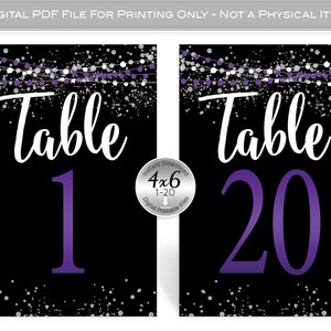 Table Number Signs 1-20 | 4x6 | Purple Garland and Silver Confetti on Black | Birthday | Wedding | Anniversary | PRINTABLE DIGITAL DOWNLOAD