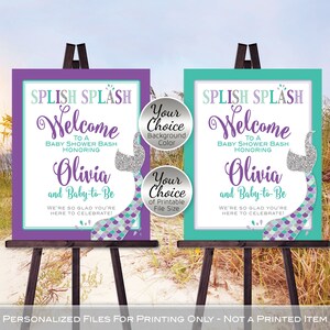 Mermaid Welcome Poster Printable for Baby Shower | Mermaid Purple Teal Silver | Faux Glitter Silver | Personalized | Digital PRINTABLE FILES