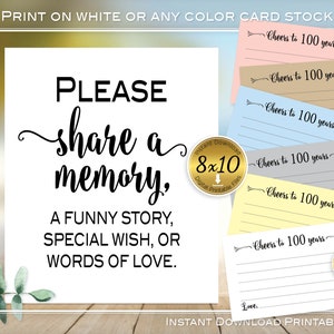 100th Birthday Share a Memory 8x10 Sign and 4x6 Note Cards | Cheers to 100 Years | Printable | INSTANT Digital DOWNLOAD