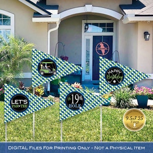 Golf Theme Birthday Flag Printable Decoration Signs | Golf Flag Pennants | Navy Green Blue on Black | Digital Printable INSTANT DOWNLOAD