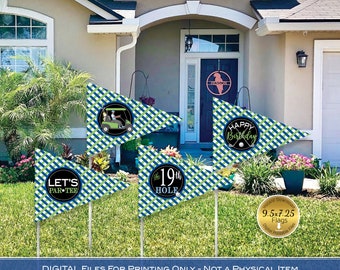 Golf Theme Birthday Flag Printable Decoration Signs | Golf Flag Pennants | Navy Green Blue on Black | Digital Printable INSTANT DOWNLOAD