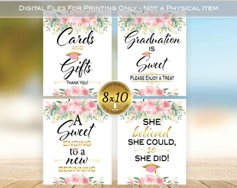 Graduation Party Pink and Gold with Flowers Coquette Design Sign Bundle | 8x10 Files (Digital Printable)