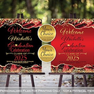 Op de afbeelding: Twee printbare welkomstborden voor een afstudeerfeest. De borden hebben een rode en zwarte achtergrond met gouden glitter en de tekst "Welkom op de afstudeerfeest van Michelle, klas van 2025".