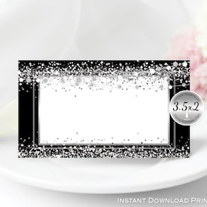 Name Place Cards | Tent-Folding | 3.5x2 | Faux Silver Glitter Confetti on Black | Non-Editable | Print-Ready | INSTANT DIGITAL DOWNLOAD