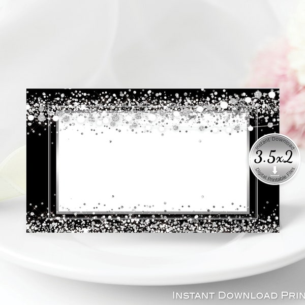 Name Place Cards | Tent-Folding | 3.5x2 | Faux Silver Glitter Confetti on Black | Non-Editable | Print-Ready | INSTANT DIGITAL DOWNLOAD