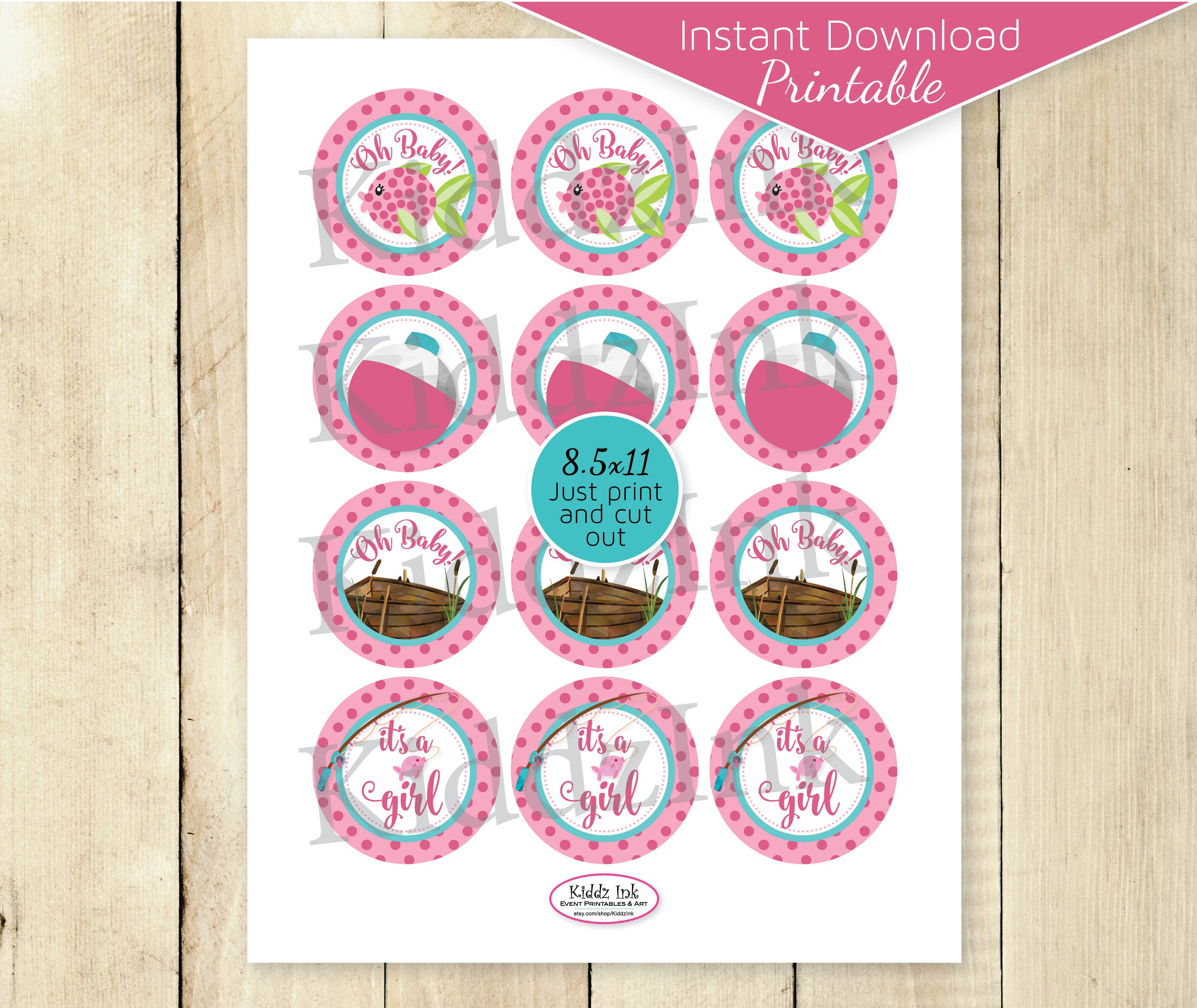 Fishing Theme Baby Shower Cupcake Toppers 2.5 Inches Pink