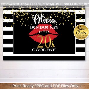Kissing Her 20s 30s 40s 50s Any Age Goodbye Backdrop | Red or Pink Lips | Gold Confetti | Black White Stripes | Digital PRINTABLE PDF FILE
