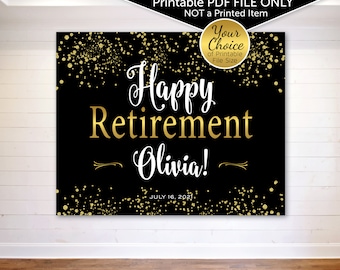 Happy Retirement Backdrop Banner Printable Files | Gold Confetti on Black | Personalized | Retirement Celebration | DIGITAL PDF FILE