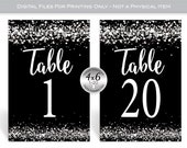 Table Number Signs 1-20 | 4x6 | Garland and Silver Confetti on Black | Birthday | Wedding | Bridal Luncheon | PRINTABLE DIGITAL DOWNLOAD