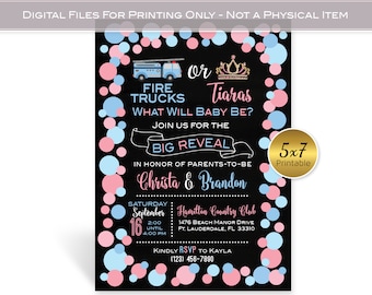 Gender Reveal Fire Trucks or Tiaras Personalized 5x7 Invitation in Pink and Blue on Black | PRINTABLE DIGITAL File