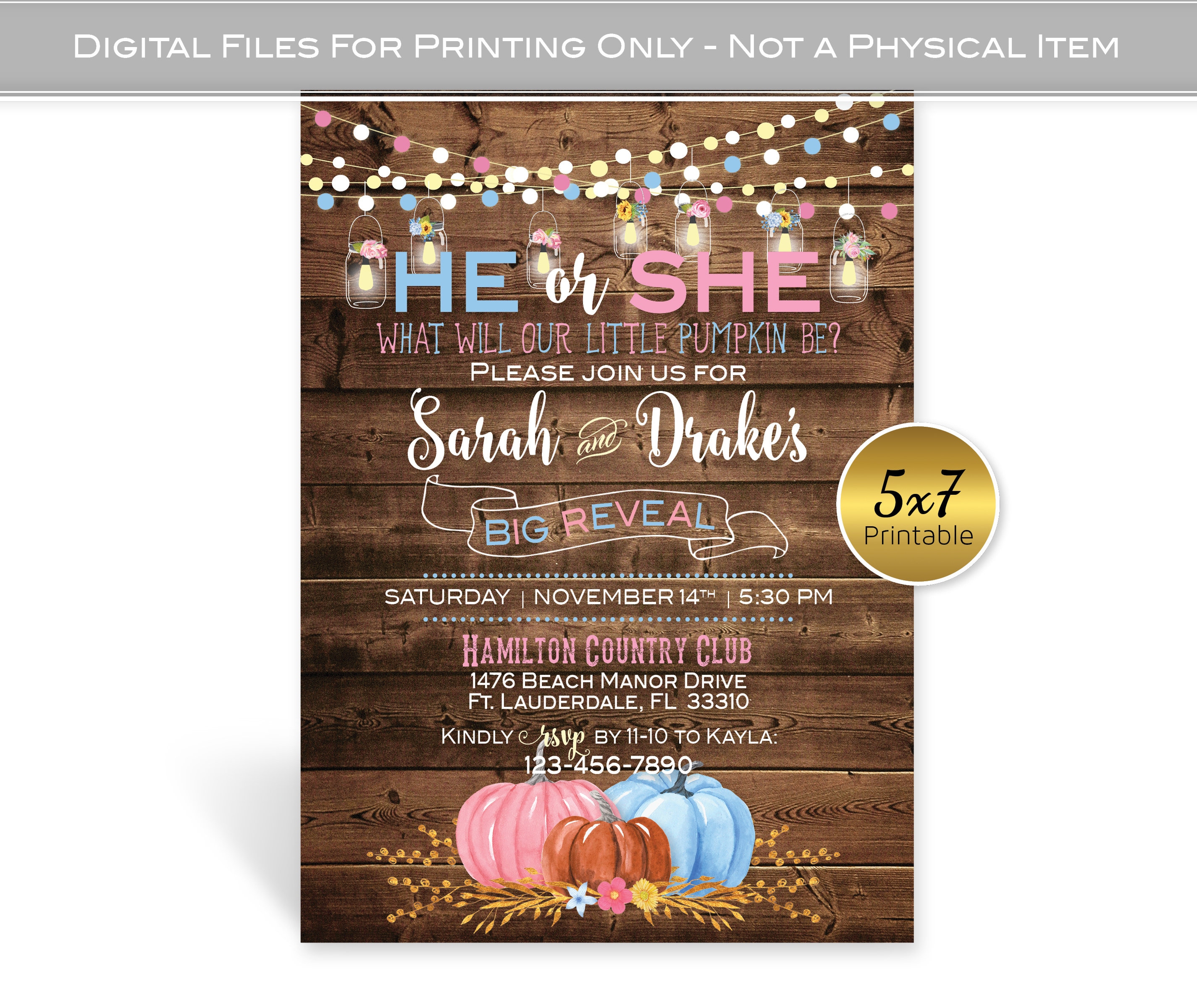Fall Gender Reveal 5x7 Invitation with Pumpkins Pink Blue Mason Jar Lanterns Faux Wood Personalized Digital PRINTABLE Files