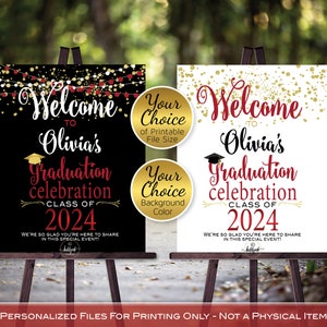 Graduation Celebration Party Personalized Welcome Sign Printable | Ruby Red Gold | White or Black | Class of 2024 | DIGITAL PRINTABLE FILES