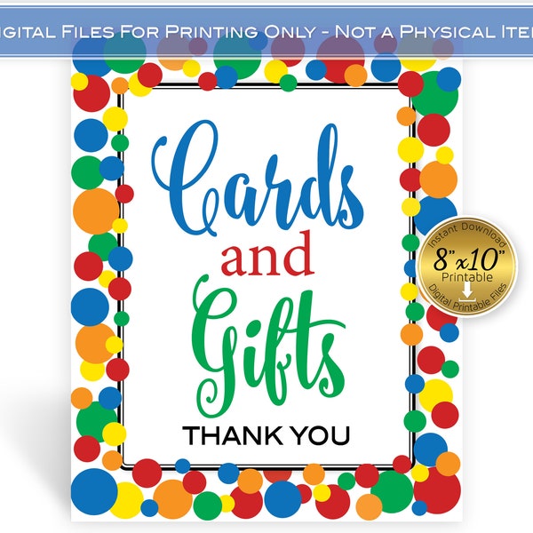 Cards and Gifts 8x10 Table Sign | Primary Colors | Birthday | Blue Green Red Orange Yellow | Digital Printable | INSTANT DIGITAL DOWNLOAD