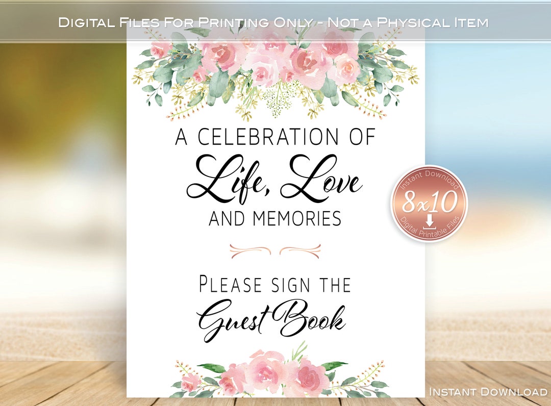 Funeral Guest Book 8x10 Sign Printable | Blush Pink Flowers | Rose Gold ...
