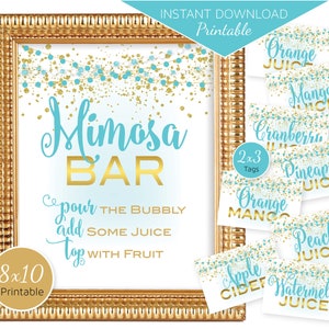 Mimosa Bar 8x10 Sign and Juice Flavor Tags | Birthday | Baby Shower | Robin Egg and Gold Garland Lights Confetti | DIGITAL DOWNLOAD