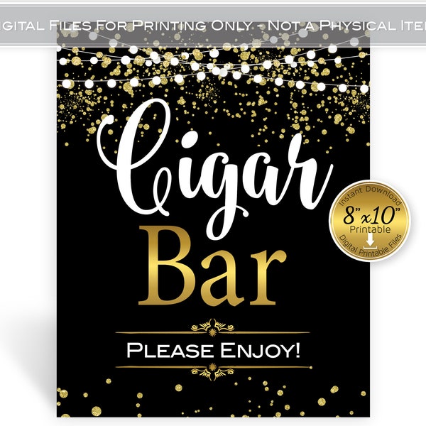 Cigar Bar Sign Printable 8x10 | Birthday | Wedding | Anniversary | Faux Gold Glitter Confetti on Black | Garland | Digital INSTANT DOWNLOAD