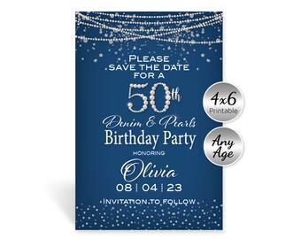 May include: A blue save the date card with a pearl-embellished 50th birthday party invitation. The card features a pearl-encrusted 50, the words "Denim & Pearls Birthday Party", and the name "Olivia". The date is 08|04|23. The card is decorated with a string of pearls and a scattering of white dots.