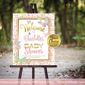 Butterfly Baby Shower Welcome Sign Printable | Pink and Gold | Faux Glitter Gold and Star Confetti | Personalized | PRINTABLE DIGITAL File