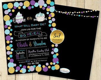 Cupcake or Stud Muffin Gender Reveal Personalized Invitation | Purple Lavender Teal | Faux Glitter Gold | on Black | PRINTABLE DIGITAL File