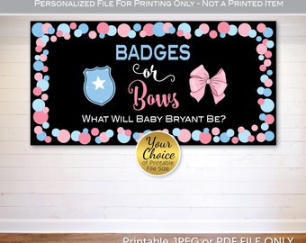 Badges or Bows Gender Reveal Backdrop | Blue Badge Shield | Pink Bow | Blue Pink Dots | Personalized DIGITAL Printable File