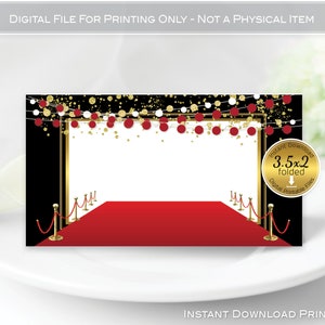Name Place Cards | 3.5x2 Tent-Folding | Red Carpet | Gold Confetti Garland | Birthday | Hollywood | Non-Editable | INSTANT DIGITAL DOWNLOAD