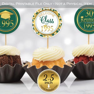 Round Cupcake Toppers | 30th Reunion Class of 1995 | 2.5 inches | Green Gold | Faux Gold Glitter | Digital INSTANT DOWNLOAD