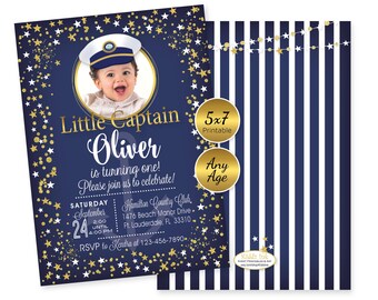 Little Captain's Nautical Birthday Invitation with Photo | 5x7 | Navy, Gold Stars (Personalized Digital Download)