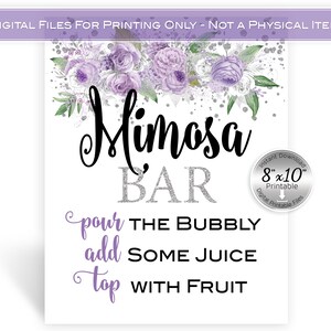 Mimosa Bar 8x10 Table Sign Printable | Lavender Purple Silver Floral | Birthday | Baby Shower | Bridal | INSTANT DIGITAL DOWNLOAD