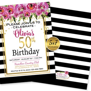 Birthday Invitation 5x7 | Fuchsia Hot Pink Florwers with Gold | Black White Stripes | 30th 40th 50th 60th Any Age | DIGITAL PRINTABLE FILES