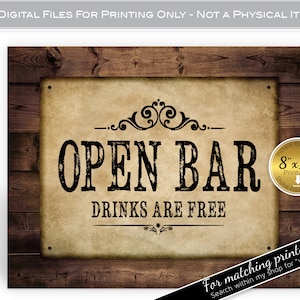 Open Bar 8x10 Printable Sign | Western Theme | Rustic Faux Wood | Birthday | Wedding | Wild West | BBQ | Instant DIGITAL DOWNLOAD