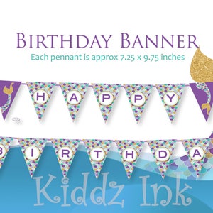 Mermaid Happy Birthday Banner Lavender Teal Gold Under the Sea Instant PRINTABLE DIGITAL Download Bild 1