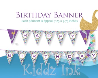 Mermaid "Happy Birthday" Banner | Lavender Teal Gold | Under the Sea | Instant PRINTABLE DIGITAL Download