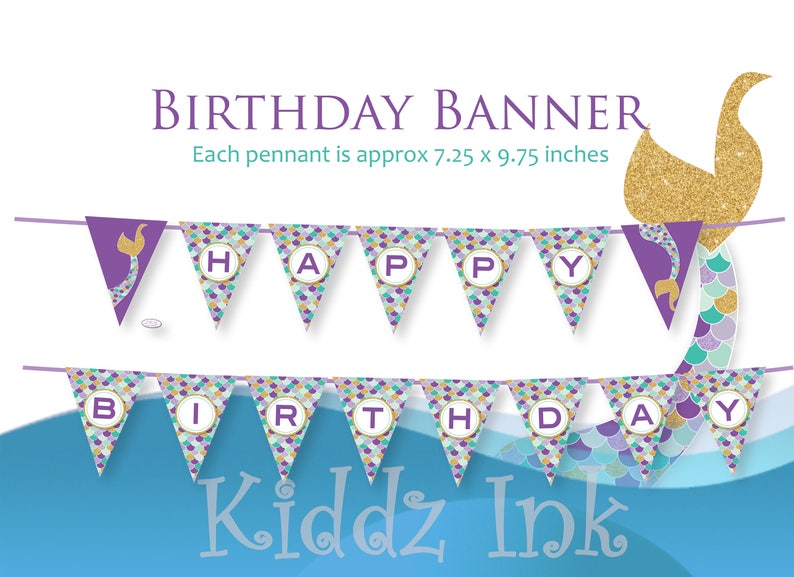 Mermaid Happy Birthday Banner Lavender Teal Gold Under the Sea Instant PRINTABLE DIGITAL Download Bild 1