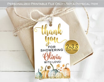 Pumpkins and Fall Leaves Baby Shower Favor Tags | Wine or Champagne Gift Tags | Personalized | Printable | 2x3.5 | DIGITAL PRINTABLE FILES