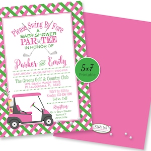 Golf Theme Coed Girl's Baby Shower Printable 5x7 Invitation | Par-Tee | Swing By Fore | Pink Green | Personalized | Digital PRINTABLE Files