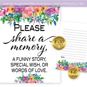 Share a Memory Printable Sign and Cards Set | Special Wishes | Words of Love | Colorful Flowers | Pink Purple | Digital INSTANT DOWNLOAD