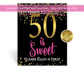 Fifty is Sweet Enjoy a Treat | 50th Birthday 8x10 Printable Sign | Pink Black Gold Confetti and Garland | Digital INSTANT DOWNLOAD