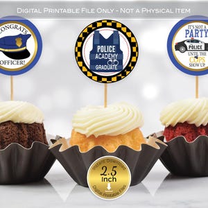 Police Officer Graduation Round Cupcake Toppers or Stickers | 2.5 inch | Blue Black Yellow Gold | Congrats | Digital INSTANT DOWNLOAD
