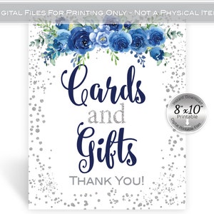 Cards and Gifts Printable 8x10 Sign | Birthday | Wedding | Anniversary | Navy Blue Flowers Silver Confetti | Digital INSTANT DOWNLOAD
