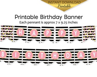 Happy Birthday Banner for Pink Gold Birthday | Black White Stripes | Faux Glitter Gold | Photo Prop | Digital Printable INSTANT DOWNLOAD
