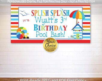 May include: A rectangular digital banner featuring horizontal multi-colored stripes and the text "SPLISH SPLASH IT'S Wyatt's 3rd BIRTHDAY Pool Bash!" with illustrations of two beach balls, a drink, a beach umbrella, and a blue striped cabana.