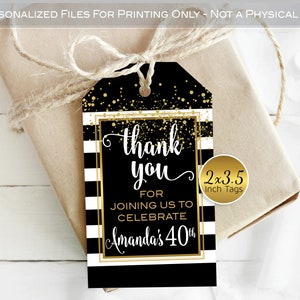 Thank You Favor Tags for Birthday | Personalized | 2x3.5 | Black White Stripes with Gold Confetti | DIGITAL PRINTABLE FILES