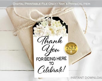 White Floral Favor 2x3.5 Tags | Black & White Event | White Flowers (Digital Printable)